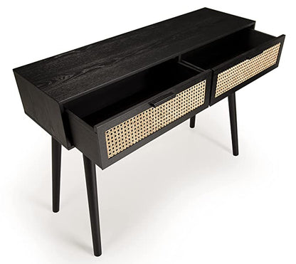 2 Black Wood Console with Cane Drawers (Black)
