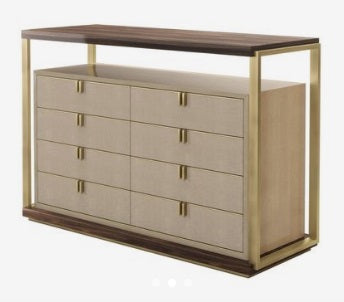 Luxurious 8-Drawer Wooden Chest, Polished Steel Handles, Faux Leather Accents