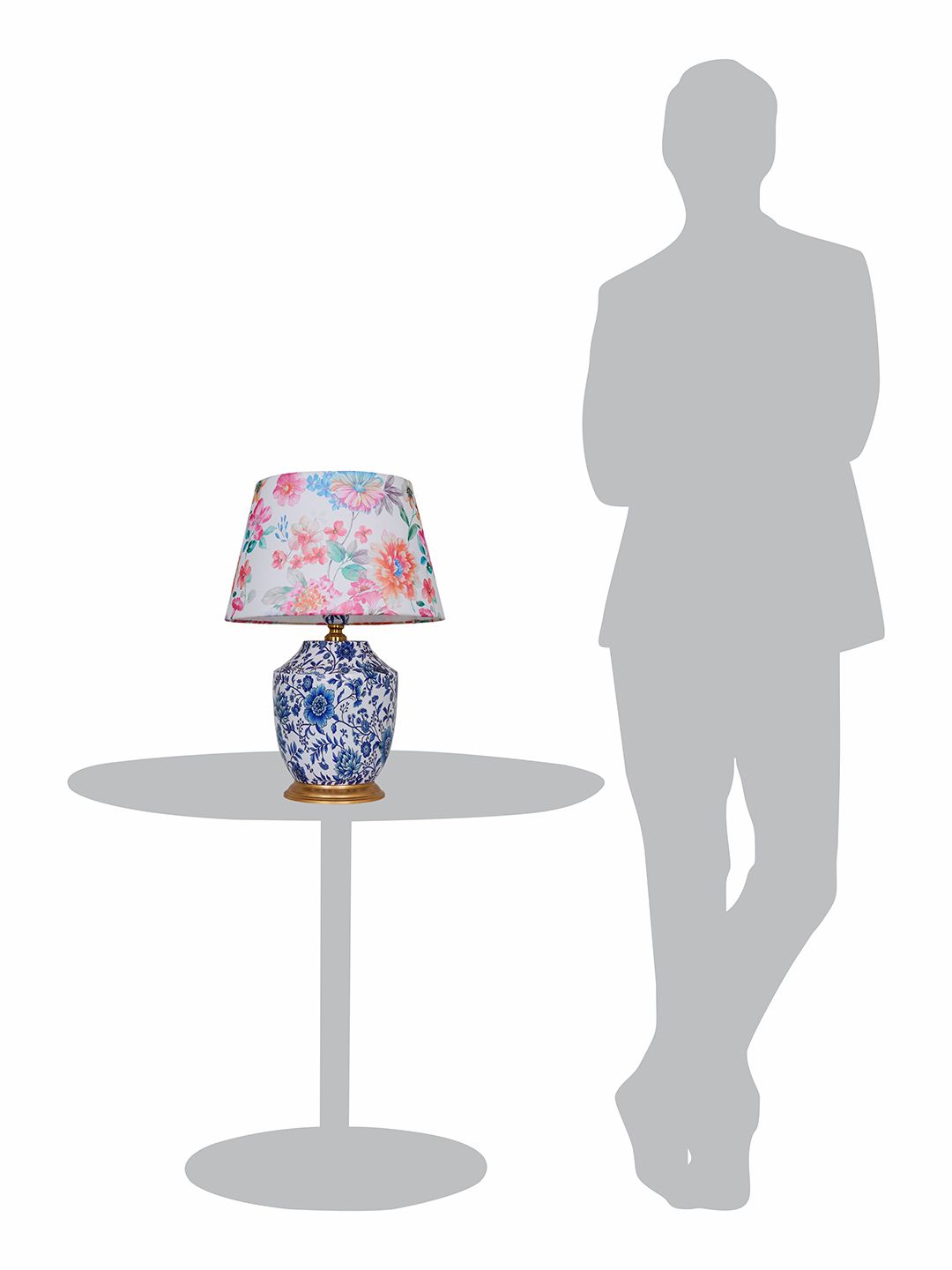 Charming Eclectic Blue Pottery Print Table Lamp with Floral Fabric Shade