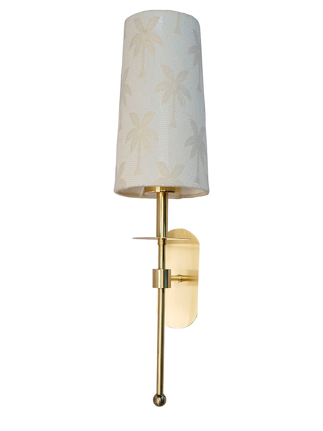Decorative Antique Brass Long Arm Wall Sconce, Palm Motif Fabric Shade, E27 Holder