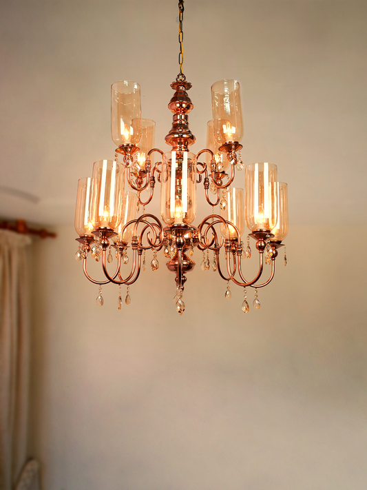 European Copper 2-Tier 12-Light Steel Chandelier with Translucent Glass Shades