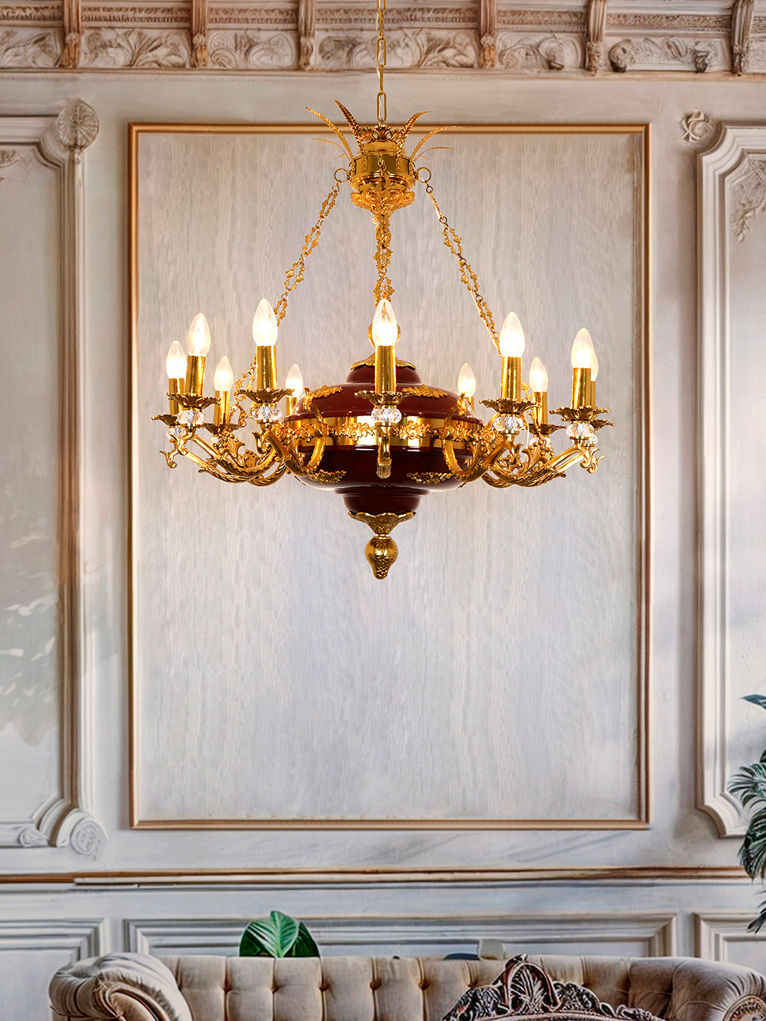 Vintage 32-Inch Candelabra Chandelier with Cast Aluminum Arms, Crystals, Maroon