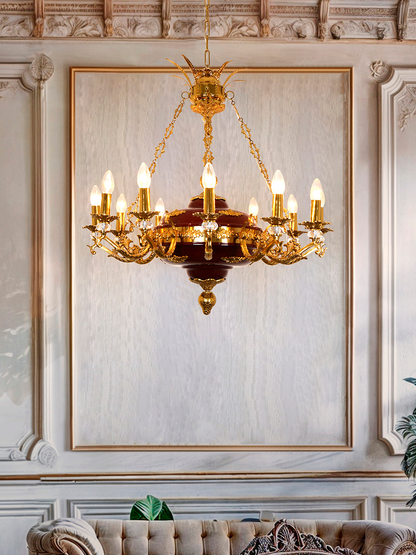 Vintage 32-Inch Candelabra Chandelier with Cast Aluminum Arms, Crystals, Maroon