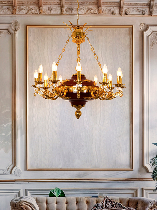 Vintage 32-Inch Candelabra Chandelier with Cast Aluminum Arms, Crystals, Maroon