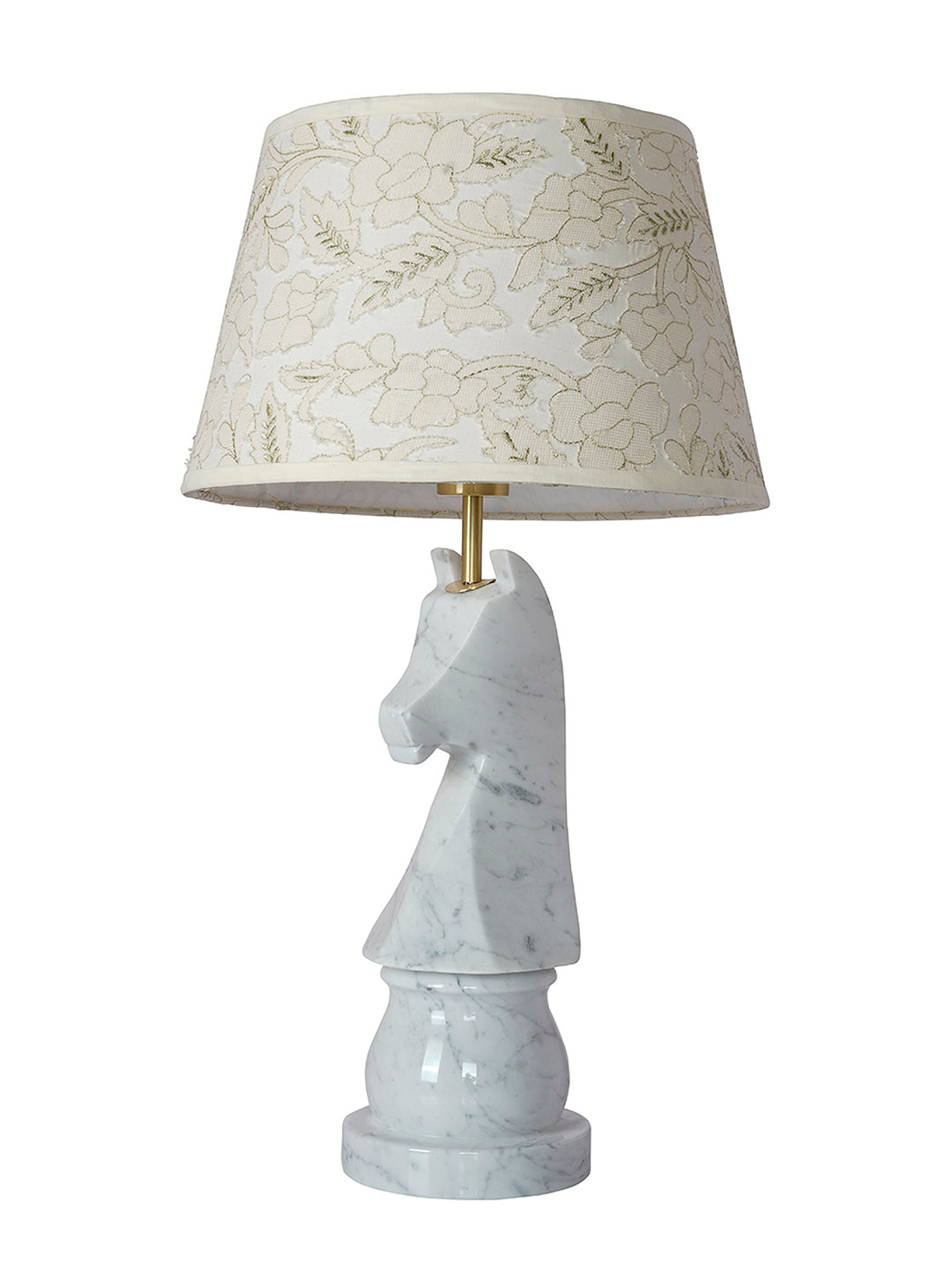 Statuario Marble Chess Knight Table Lamp with Embroidered Drum Shade