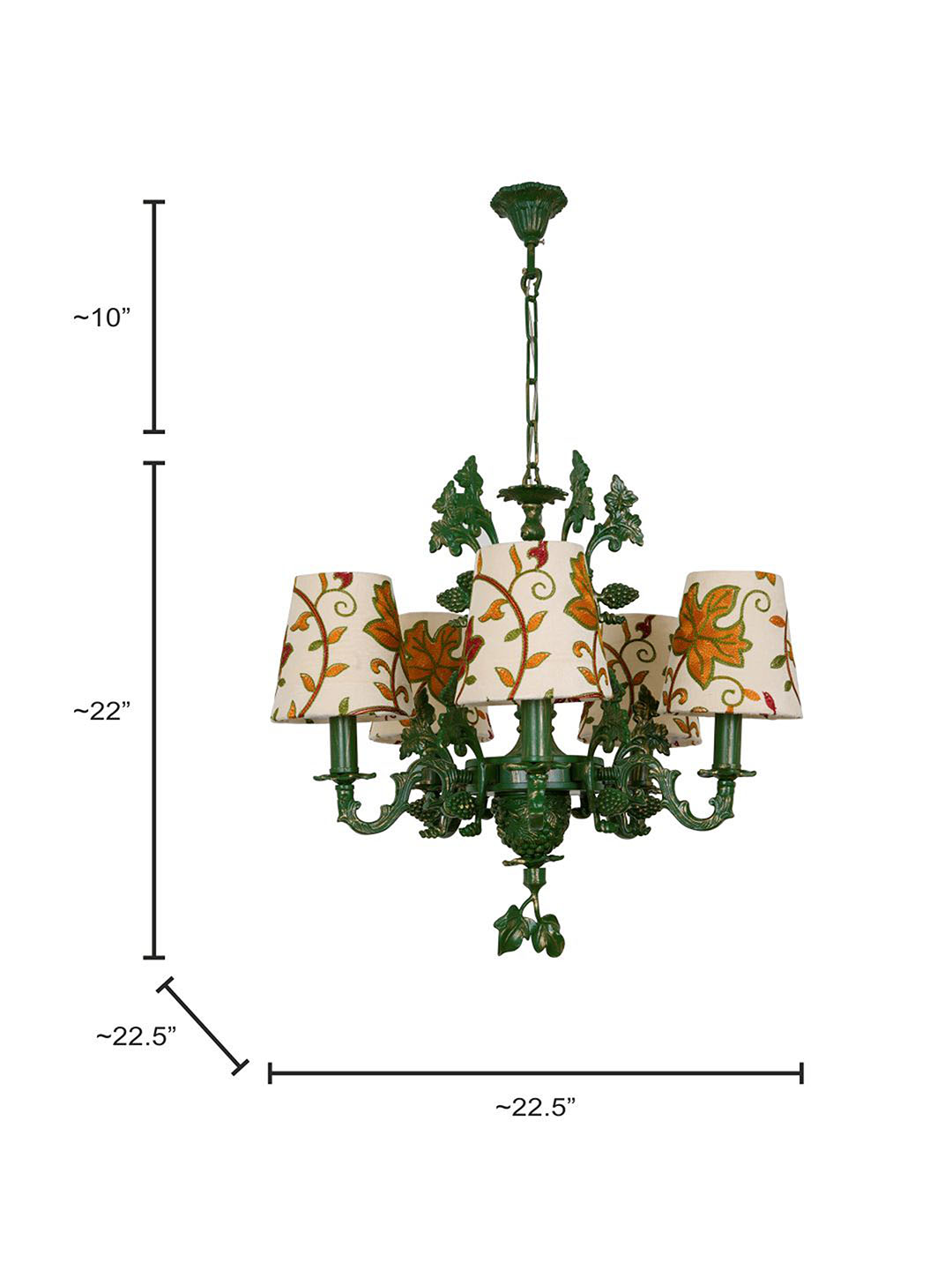 Elegant 5-Light Candelabra Chandelier: Hand-Embroidered Kashida Velvet Shades, Green Finish