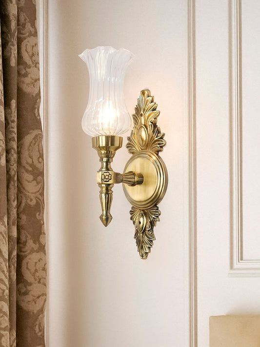 Elegant Antique Brass Aluminium Torch Wall Sconce with Fluted Clear Glass Shade