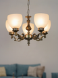 Ornate Antique Brass Aluminium 5-Light Chandelier with Frosted Diamond Glass Shades