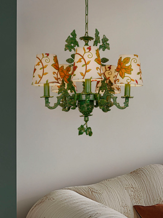 Elegant 5-Light Candelabra Chandelier: Hand-Embroidered Kashida Velvet Shades, Green Finish