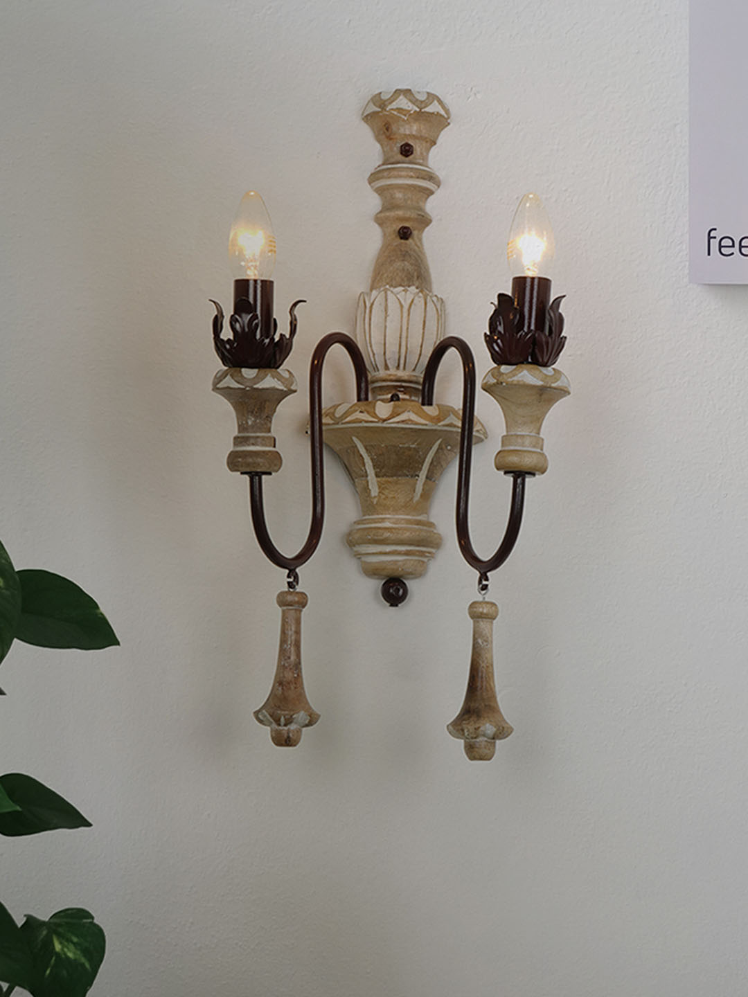 Chic French White Distressed Wooden 2-Light Rustic Candelabra Wall Sconce
