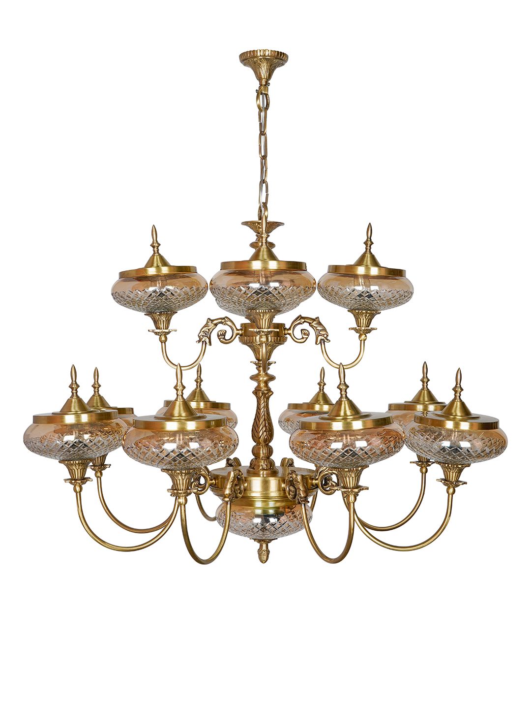 Exquisite Regal Brass 13-Light Chandelier with Golden Luster Cut Glass Shades