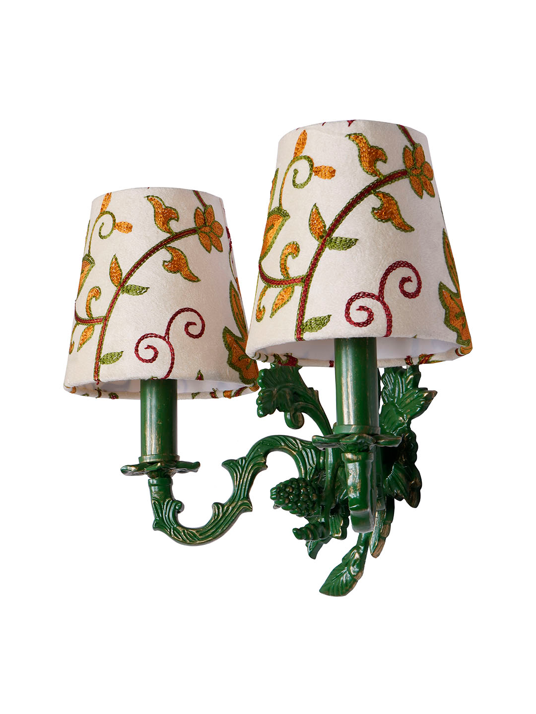 Traditional Double Green Aluminium Wall Sconces, Kashida Velvet Shades, Leaf Motif