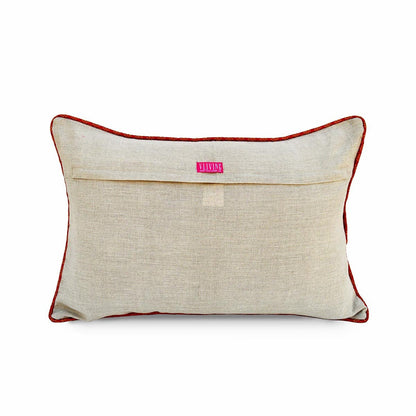 Festive Indian Brocade Linen Pillow Cover with Birds & Ornaments