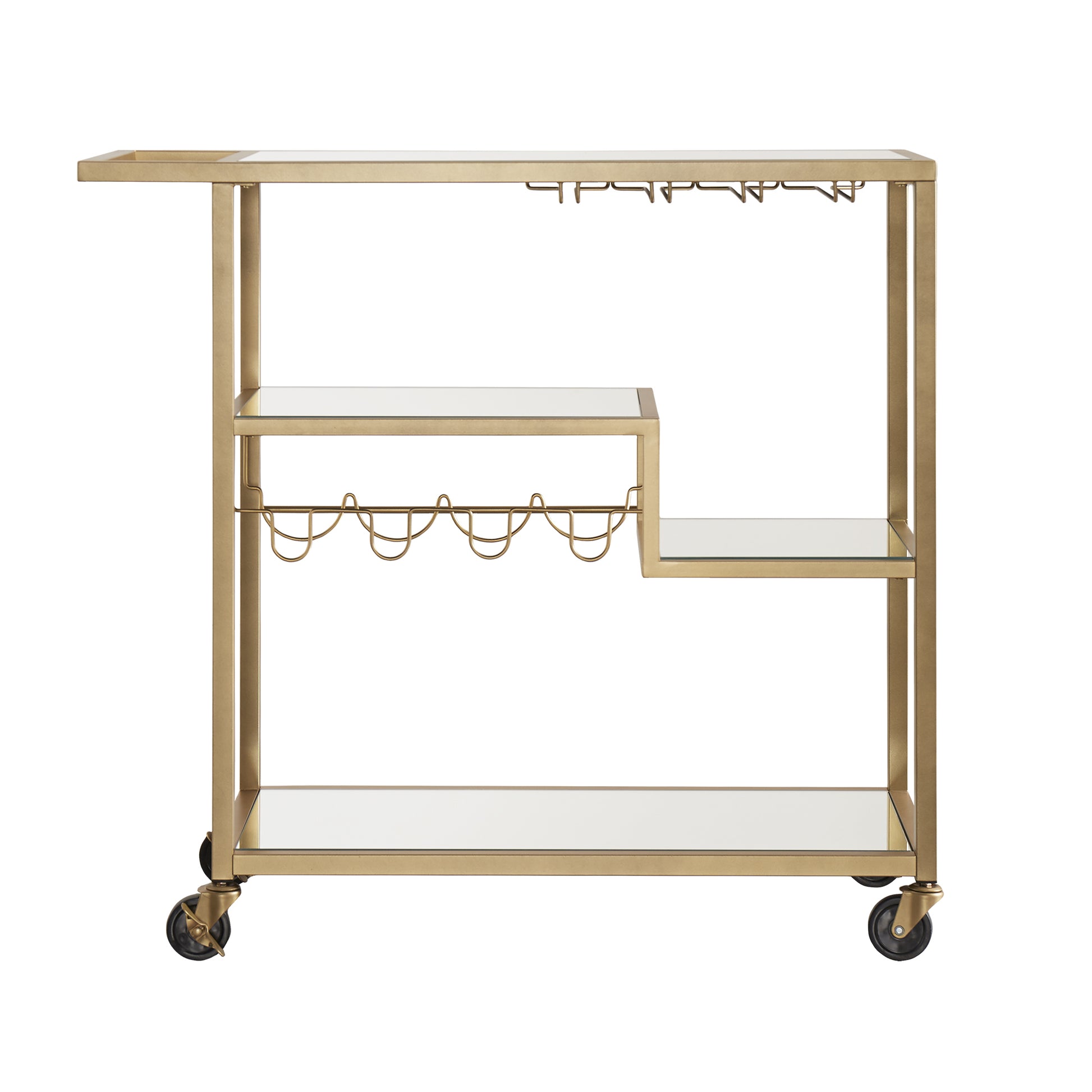 Luxurious Gold Metal Mobile Bar Cart with Mirrored Shelves and Wine Rack