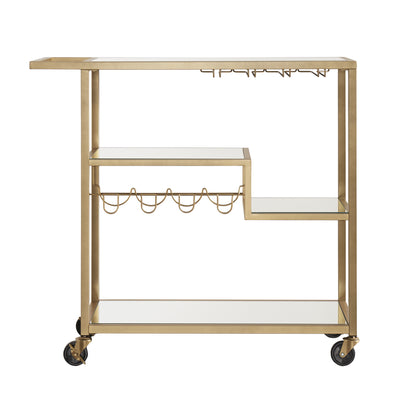 Luxurious Gold Metal Mobile Bar Cart with Mirrored Shelves and Wine Rack