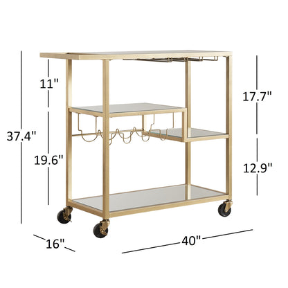 Luxurious Gold Metal Mobile Bar Cart with Mirrored Shelves and Wine Rack