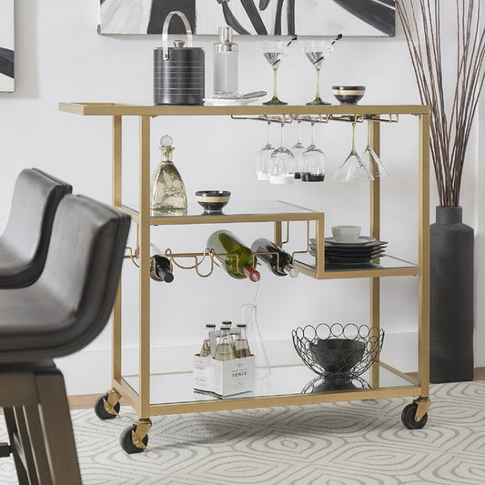 Luxurious Gold Metal Mobile Bar Cart with Mirrored Shelves and Wine Rack