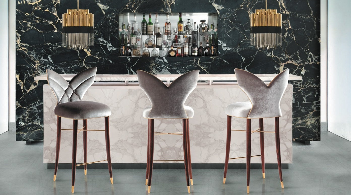 Regal Velvet Upholstered Walnut Bar Chair with Brass Accents for Modern Homes