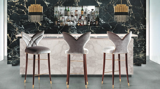 Regal Velvet Upholstered Walnut Bar Chair with Brass Accents for Modern Homes