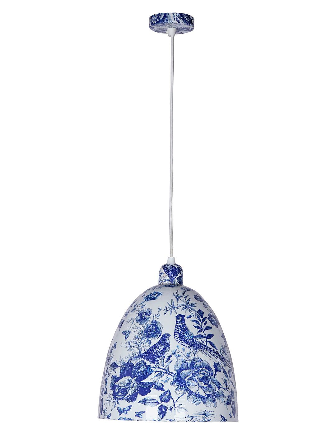 Elegant Chinoiserie Blue Pottery Bird Print Metal Bell Pendant Light for Homes