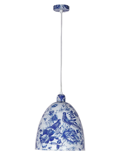 Elegant Chinoiserie Blue Pottery Bird Print Metal Bell Pendant Light for Homes