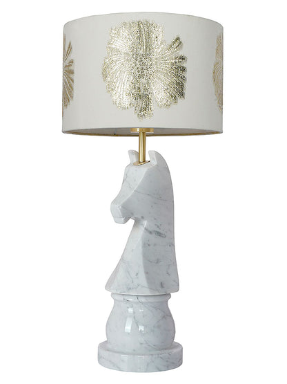 Statuario Marble Chess Knight Table Lamp with Gold Embroidered Drum Shade