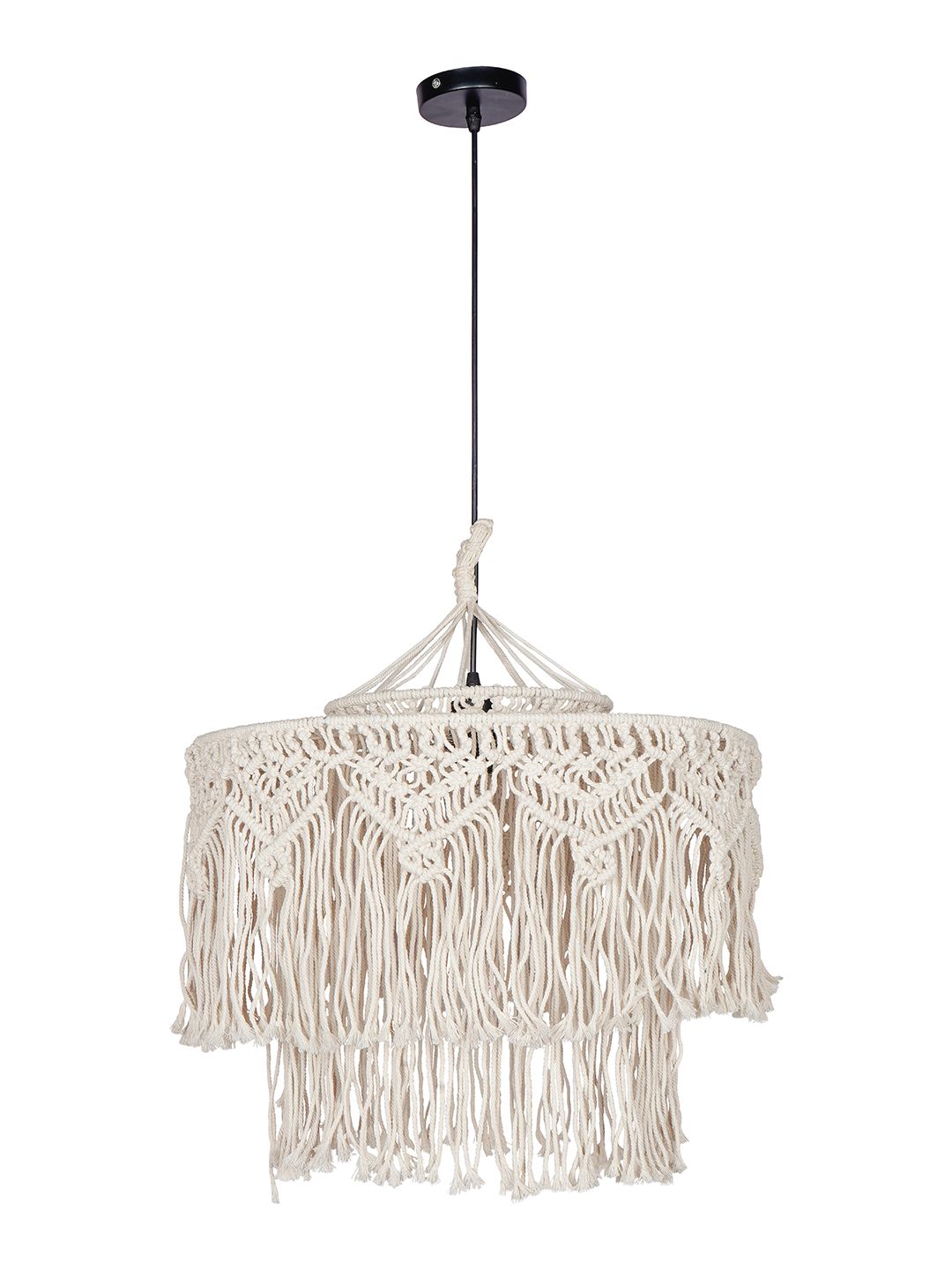 Bohemian Natural White Macrame 2-Tier Drum Pendant Light for Home Decor