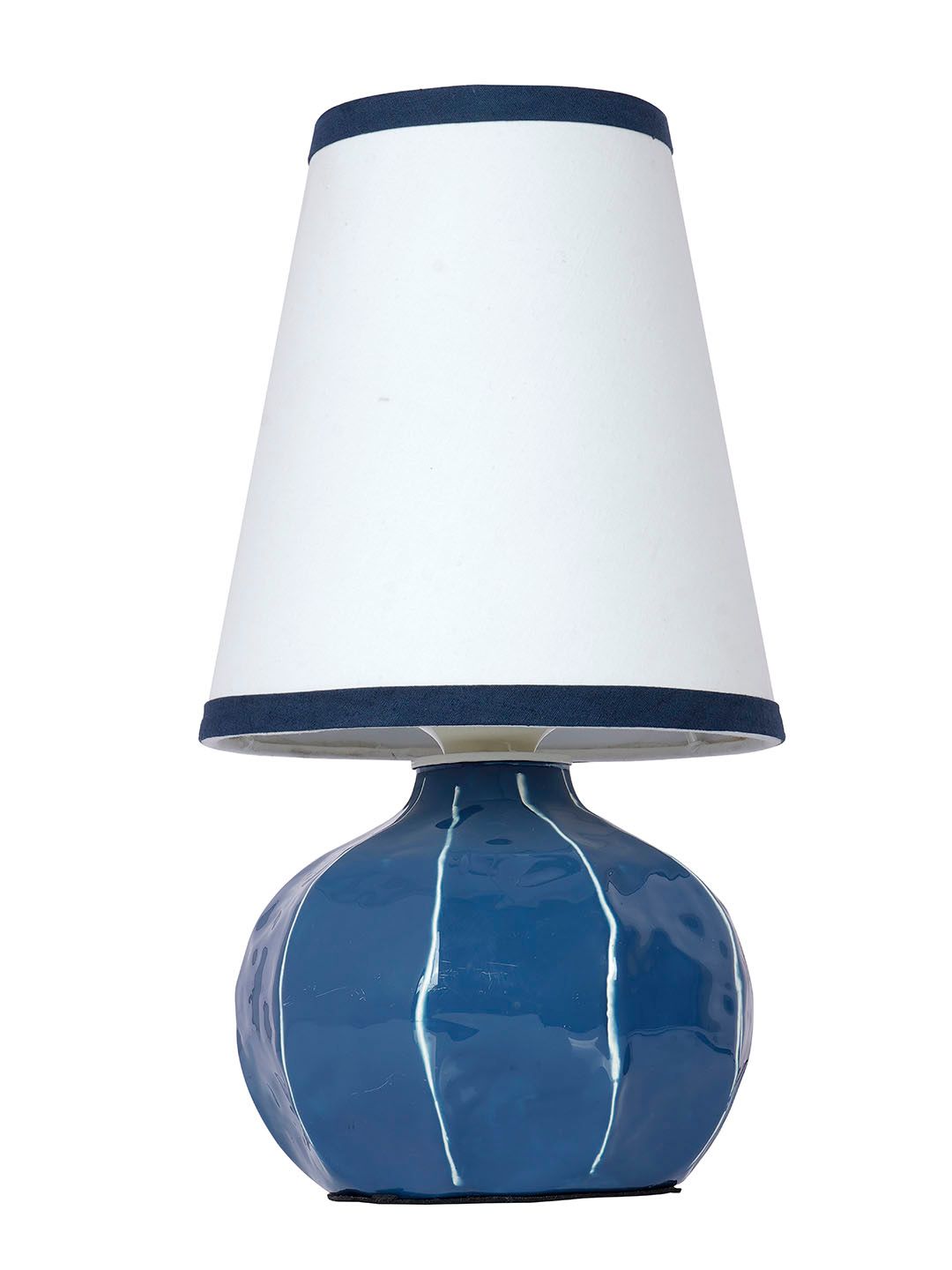 Enamel Blue Melon Shaped Table Lamp Hand-Painted White Lines Modern Accent
