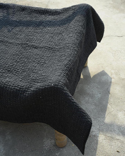 Charcoal grey stonewashed cotton kantha quilt