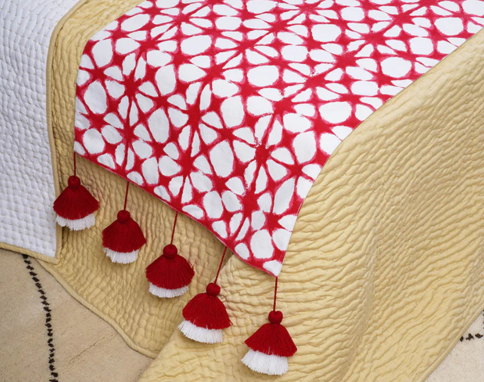 Red printed cotton Bed runner set - King / Queen / Twin Size Bed Runner with Tassel and coordinated Decorative Throw Pillow Cover