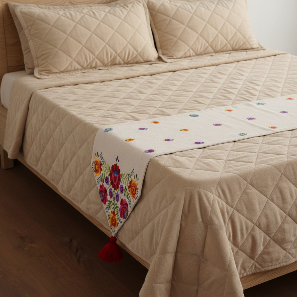 MATYO - Embroidered Bed Runner Set – Off white with multicolour Embroidery and tassel
