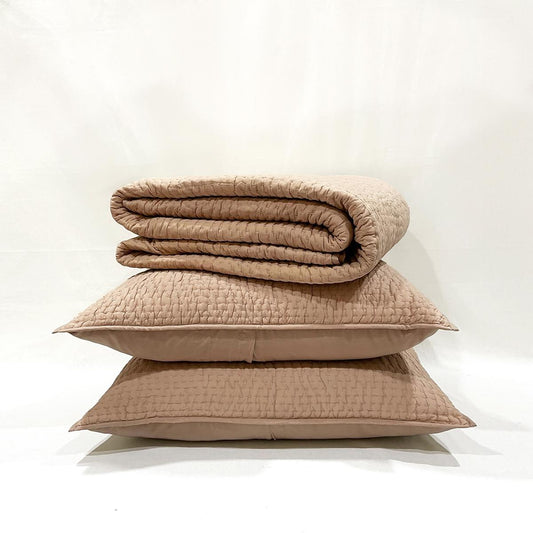 FAWN / BEIGE colour cotton handmade kantha Quilt with coordinated pillow cases, Sizes available