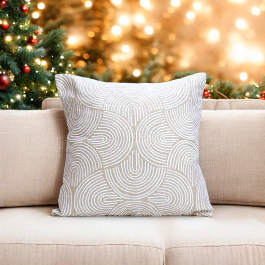 Beige Linen Christmas Pillow Cover with White Embroidered Retro Pattern