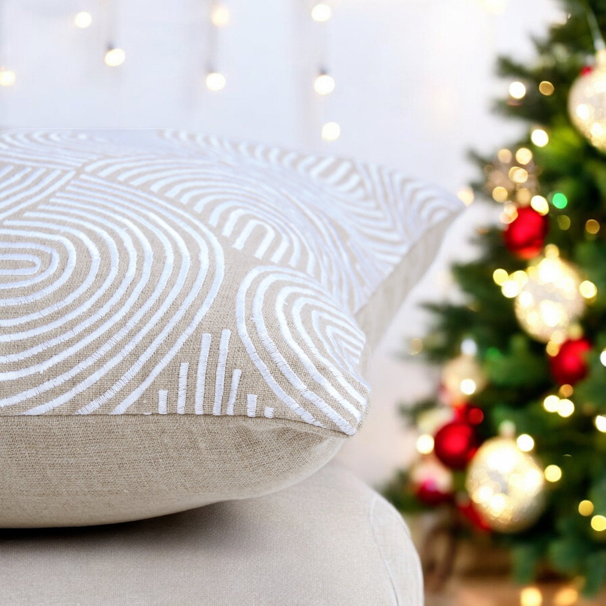 Beige Linen Christmas Pillow Cover with White Embroidered Retro Pattern