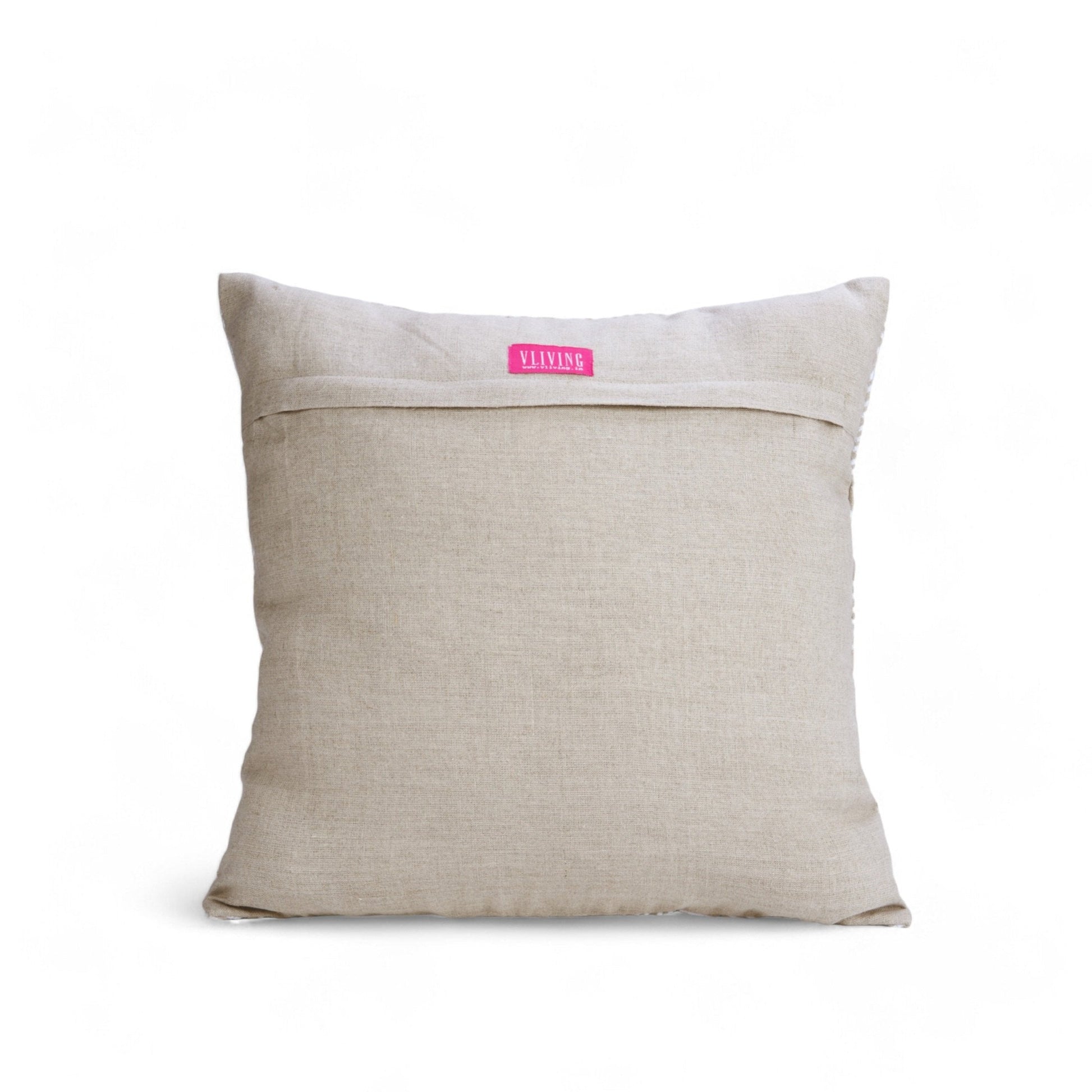 Beige Linen Christmas Pillow Cover with White Embroidered Retro Pattern