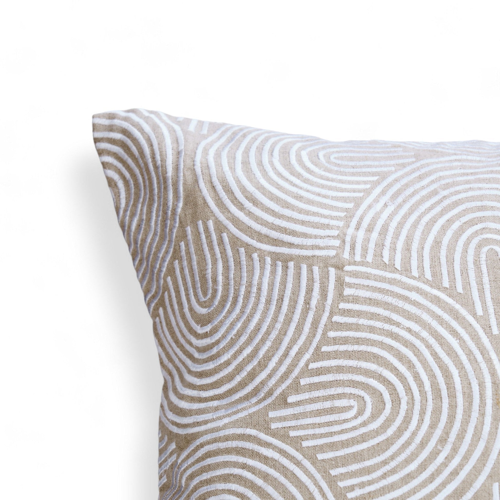 Beige Linen Christmas Pillow Cover with White Embroidered Retro Pattern