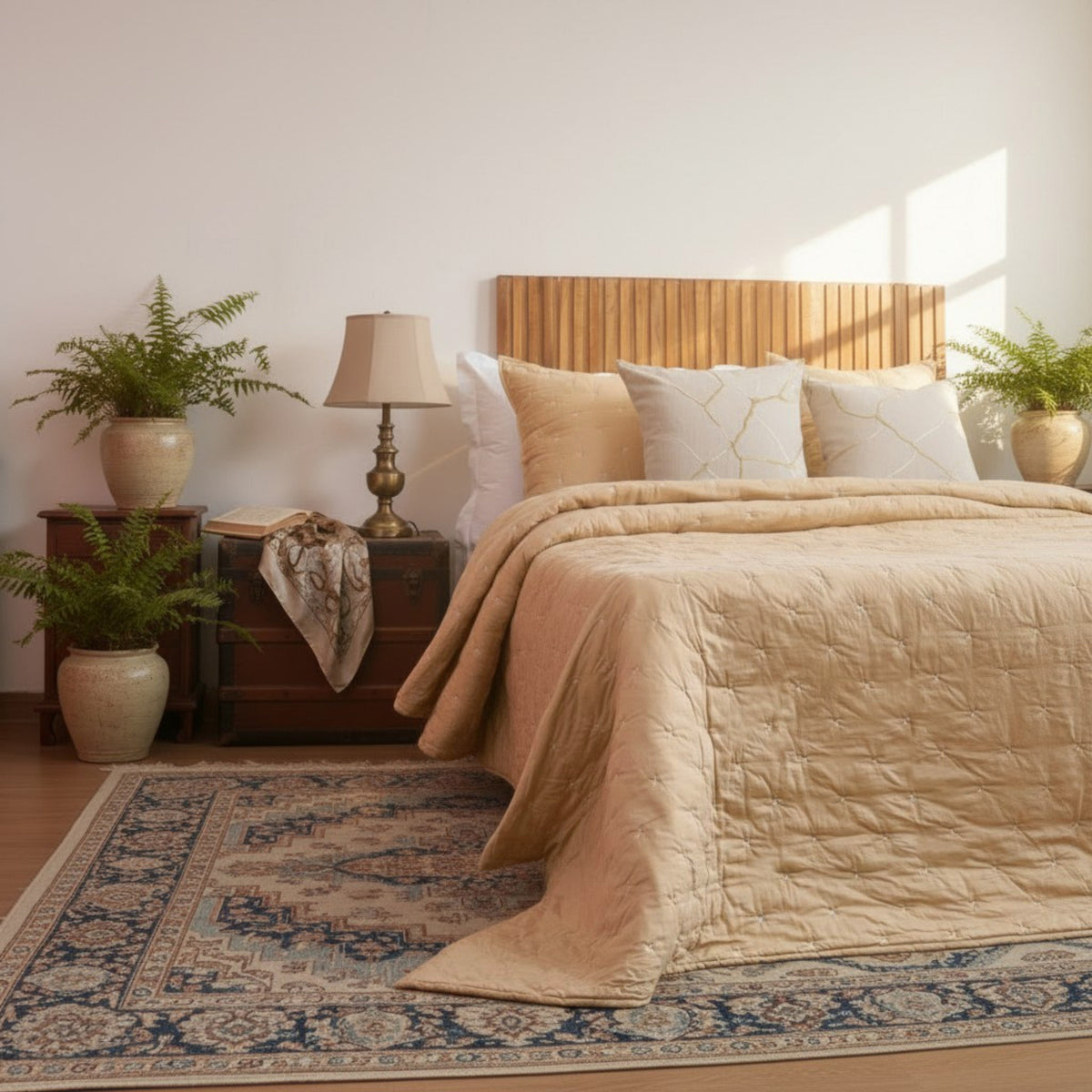 Beige 300TC Fine Cotton Quilted Bed Set – Diamond Pattern Tuck Quilting