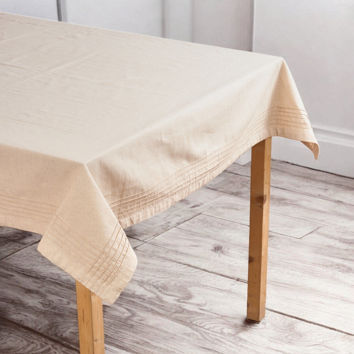 Amour Solid Beige Linen Tablecloth | Pintuck Border | 3 Sizes incl. Round