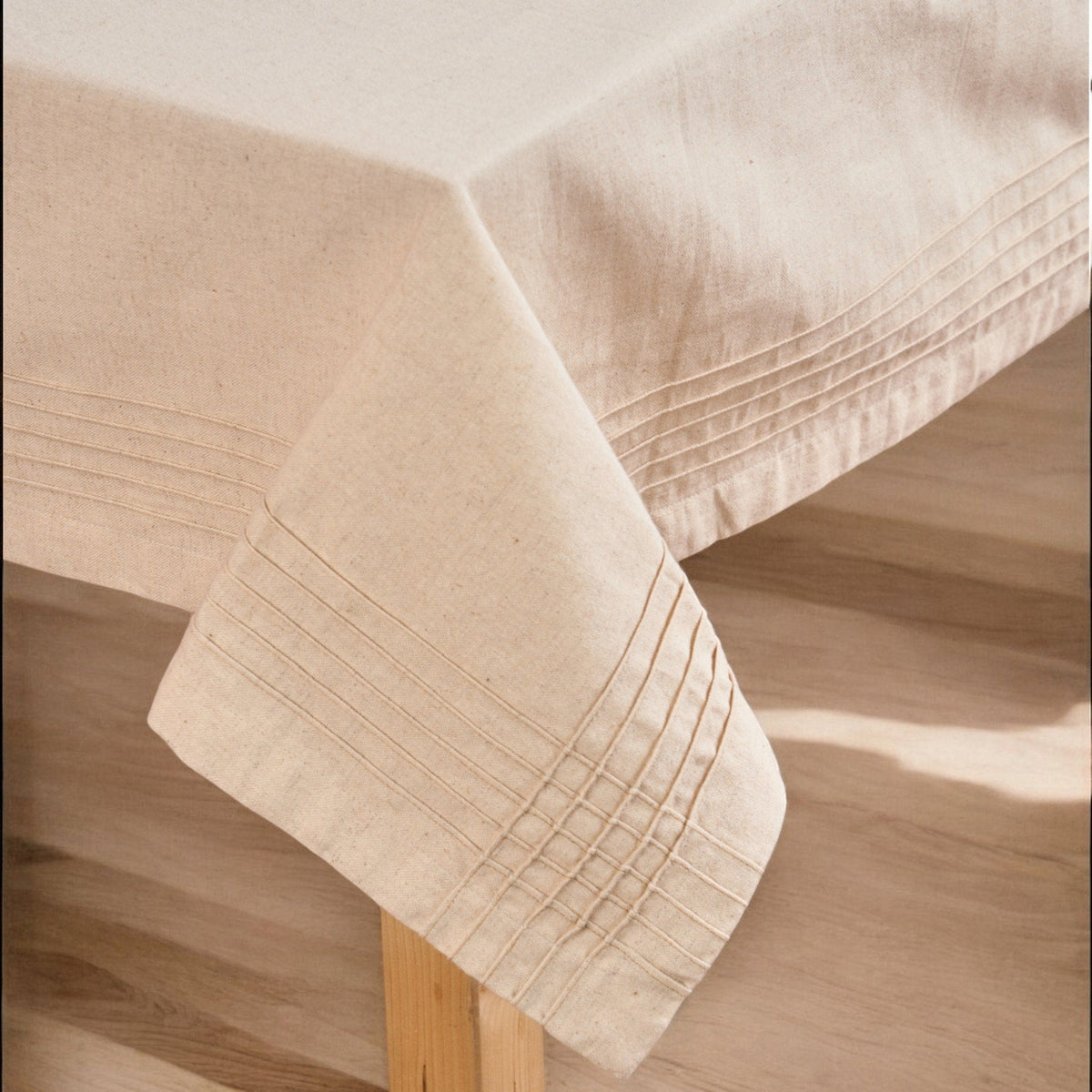 Amour Solid Beige Linen Tablecloth | Pintuck Border | 3 Sizes incl. Round
