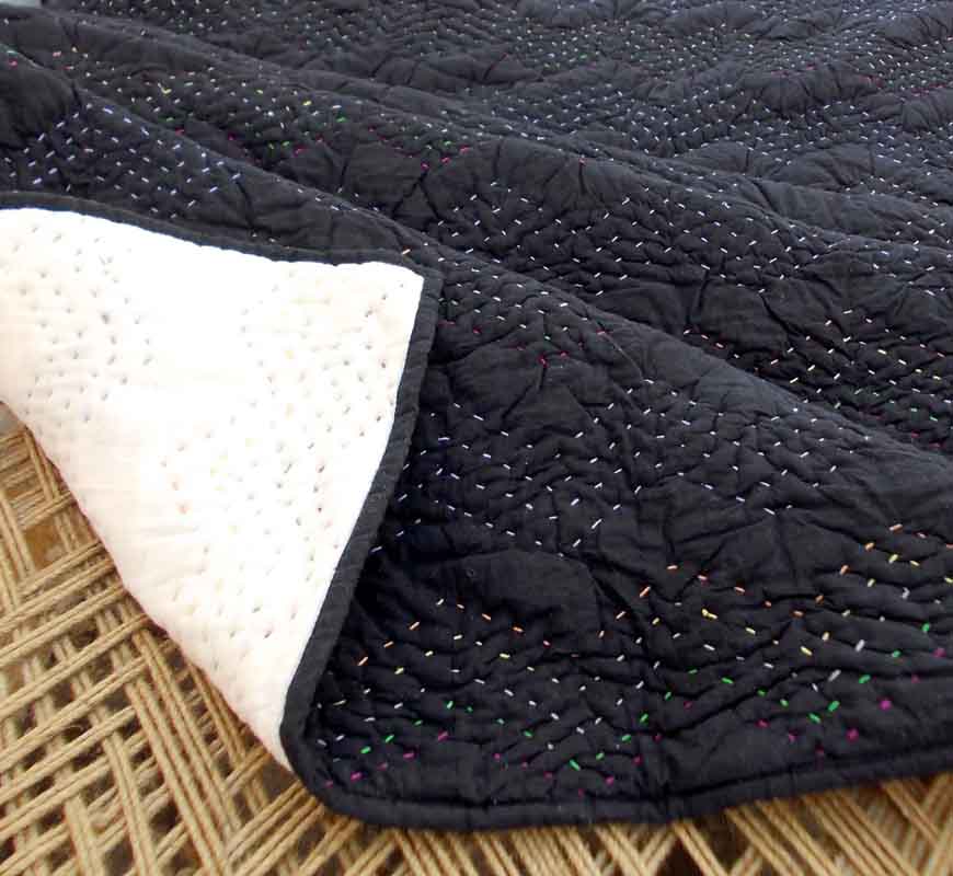 Black Kantha Quilt Bed Set – Multicolour Running Stitch | 100% Cotton | Twin, Queen & King
