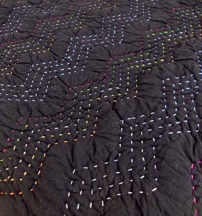Black Kantha Quilt Bed Set – Multicolour Running Stitch | 100% Cotton | Twin, Queen & King