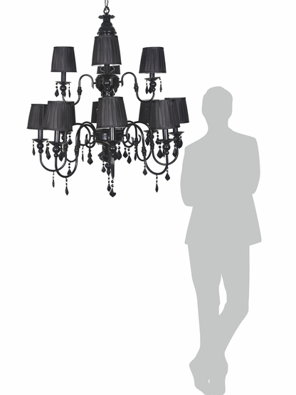 Absolute Black 2 Tier 12 Light Chandelier with Black Crystals and Shades comparison with human