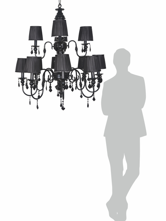 Absolute Black 2 Tier 12 Light Chandelier with Black Crystals and Shades comparison with human