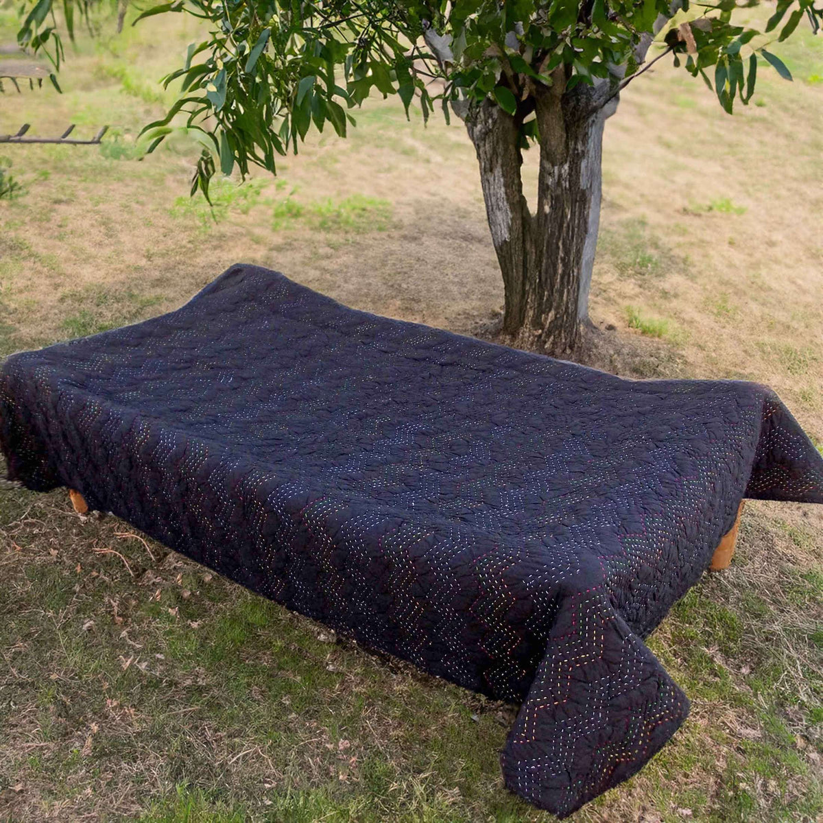 Black Kantha Quilt | Chevron Pattern | Handmade | Single, Queen & King