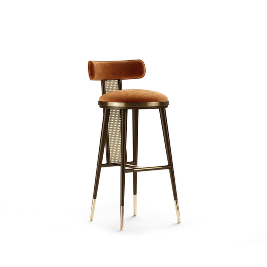 Blake Modern Rattan Back Bar Stool: Elegant Wooden Seat, Metal Accents