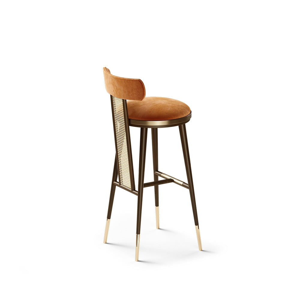 Blake Modern Rattan Back Bar Stool: Elegant Wooden Seat, Metal Accents