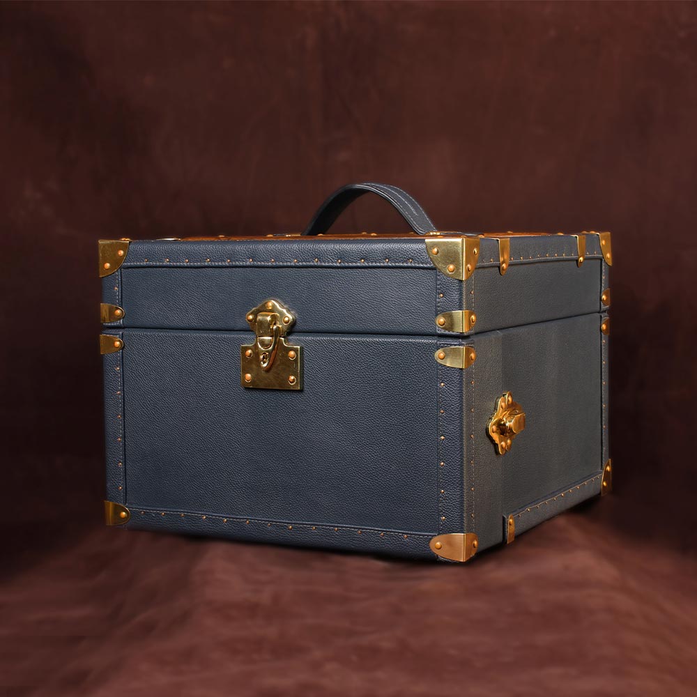 Cerulean Glory Blue Leather Jewelry Trunk with Brass Accents