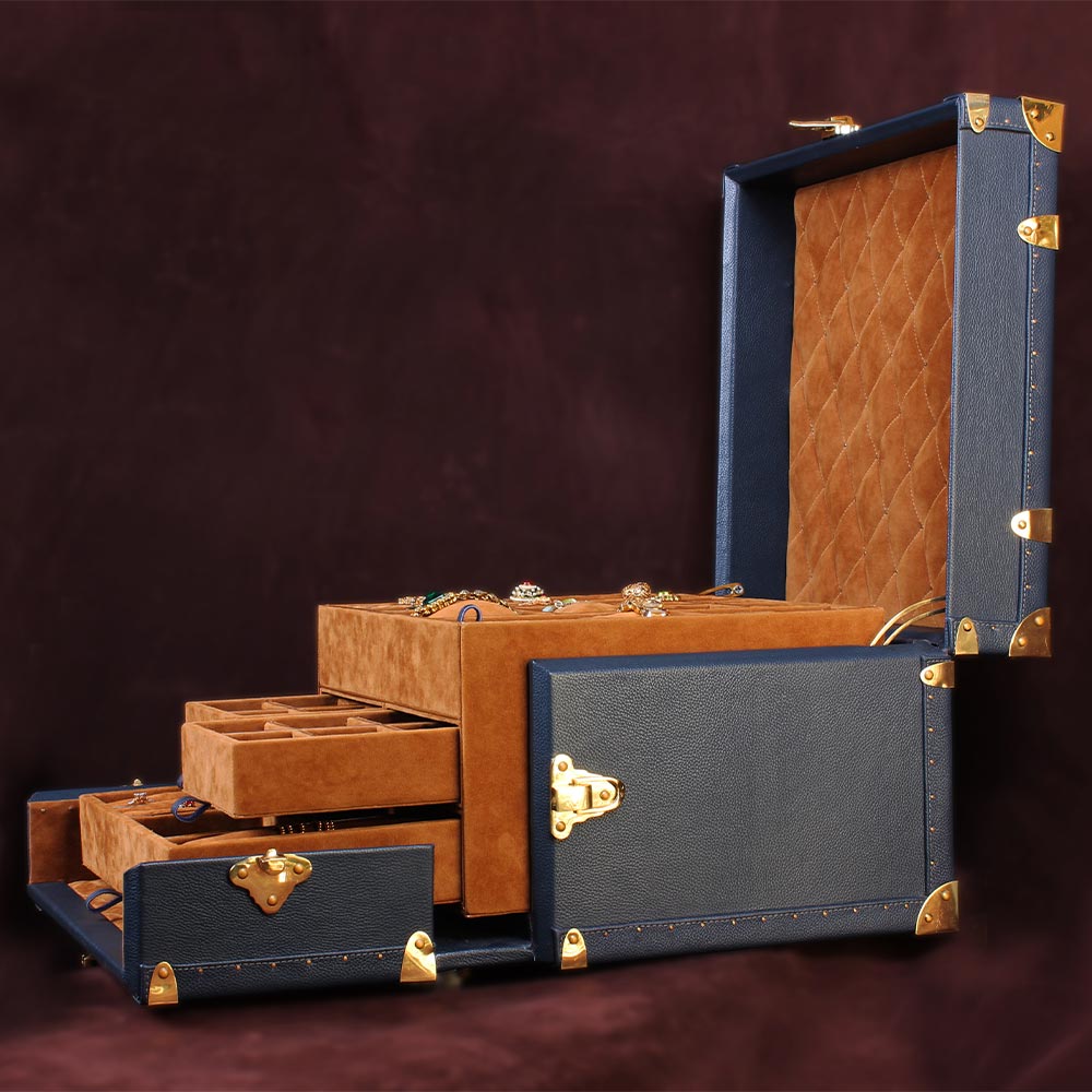 Cerulean Glory Blue Leather Jewelry Trunk with Brass Accents