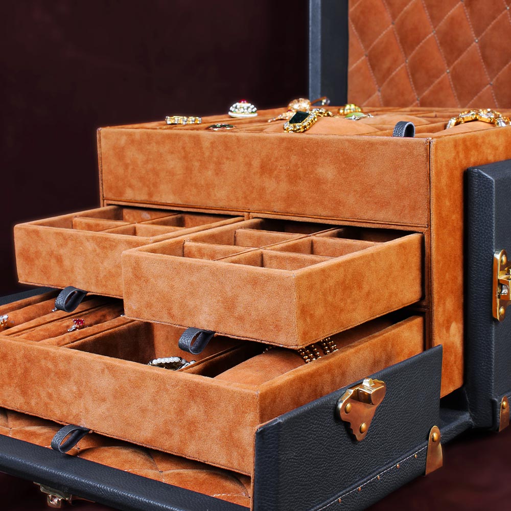 Cerulean Glory Blue Leather Jewelry Trunk with Brass Accents