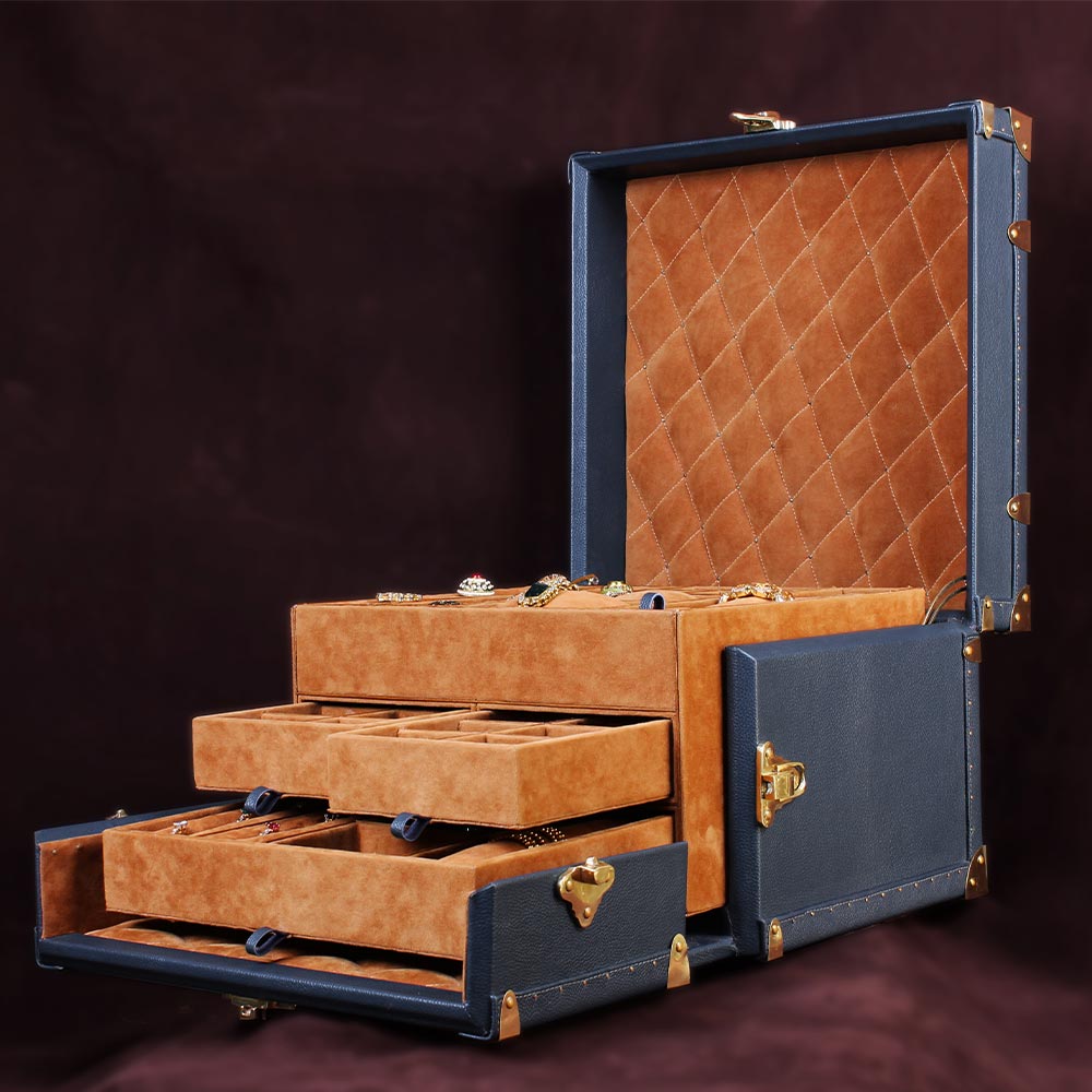 Cerulean Glory Blue Leather Jewelry Trunk with Brass Accents